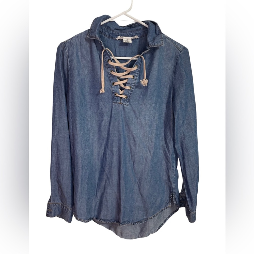 Workshop Republic Tencel Blue Denim Shirt Pullover Boho Lace Up Tie Front Sz XS